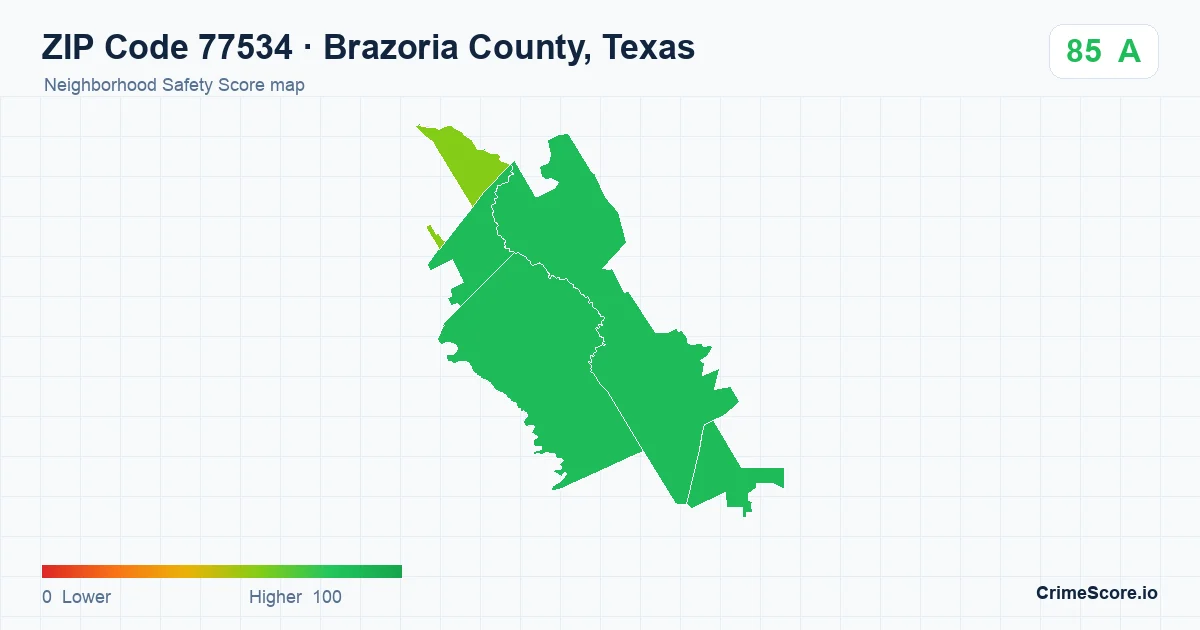 ZIP Code 77534 in Brazoria County, Texas neighborhood Safety Score map