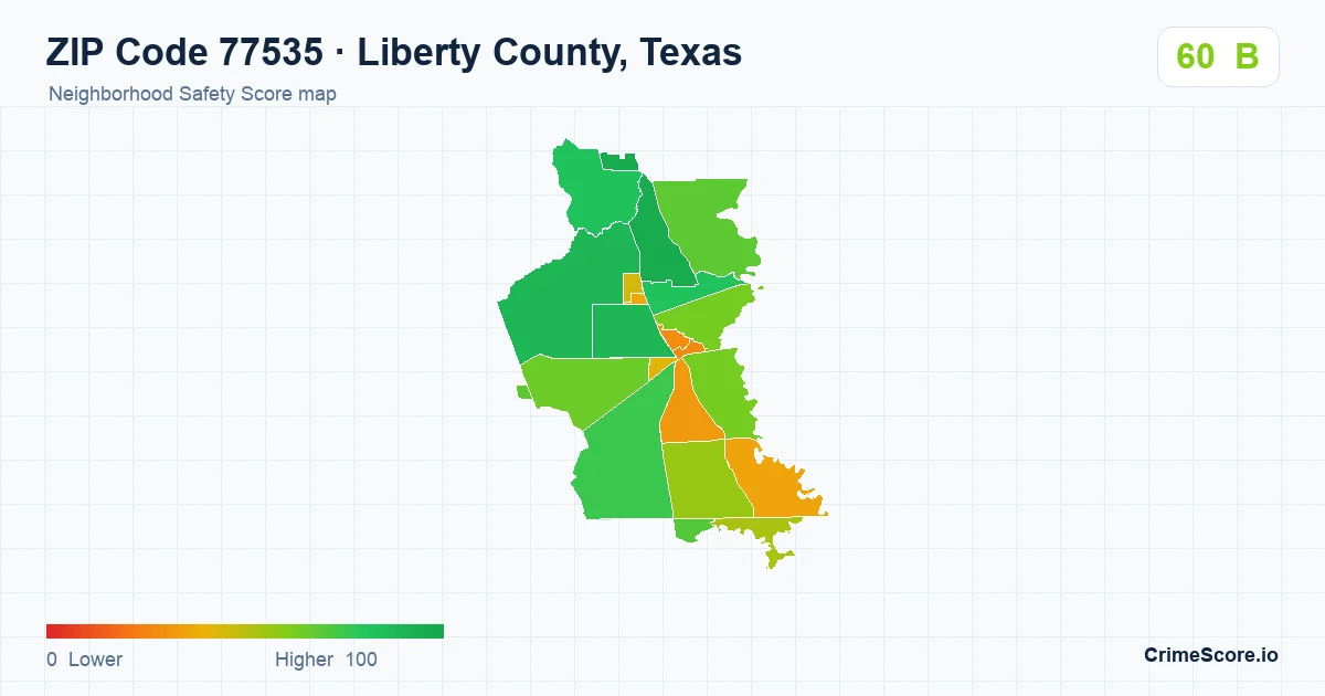 ZIP Code 77535 in Liberty County, Texas neighborhood Safety Score map