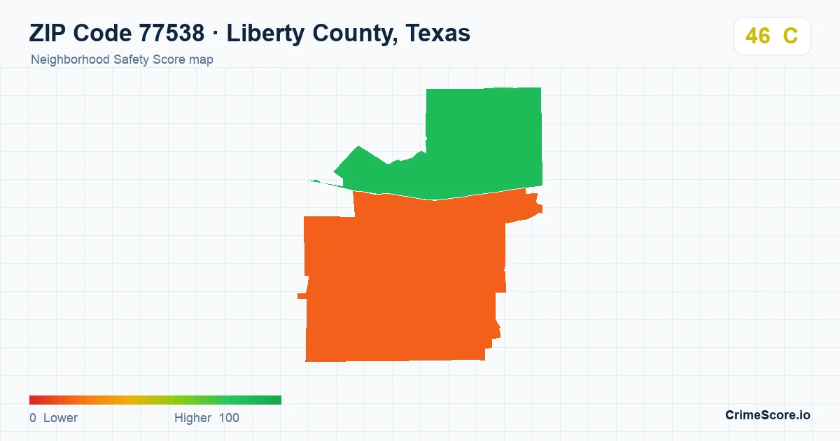 ZIP Code 77538 in Liberty County, Texas neighborhood Safety Score map