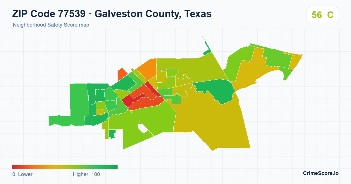 ZIP Code 77539 in Galveston County, Texas neighborhood Safety Score map