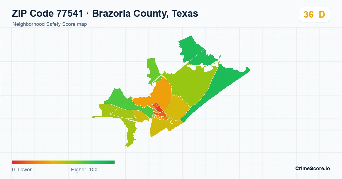 ZIP Code 77541 in Brazoria County, Texas neighborhood Safety Score map