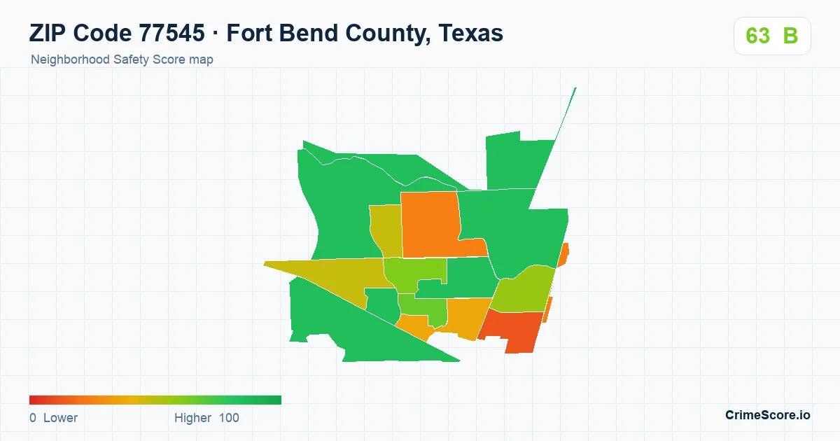ZIP Code 77545 in Fort Bend County, Texas neighborhood Safety Score map