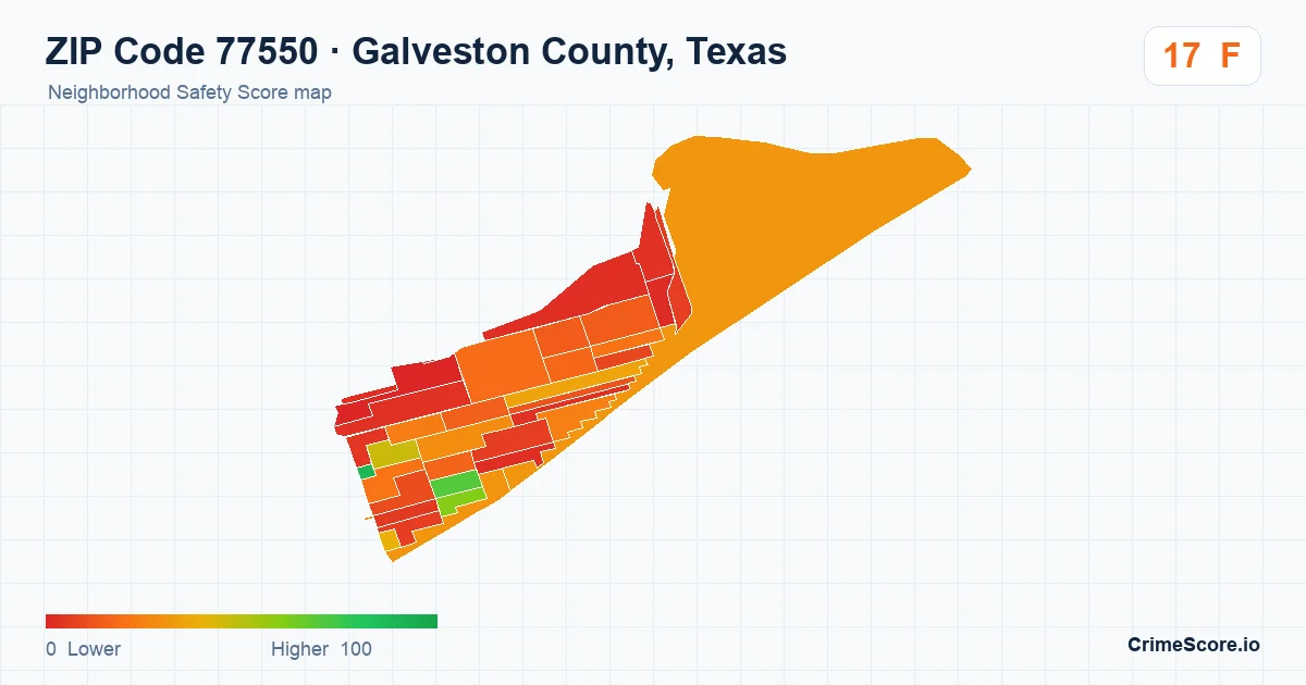 ZIP Code 77550 in Galveston County, Texas neighborhood Safety Score map