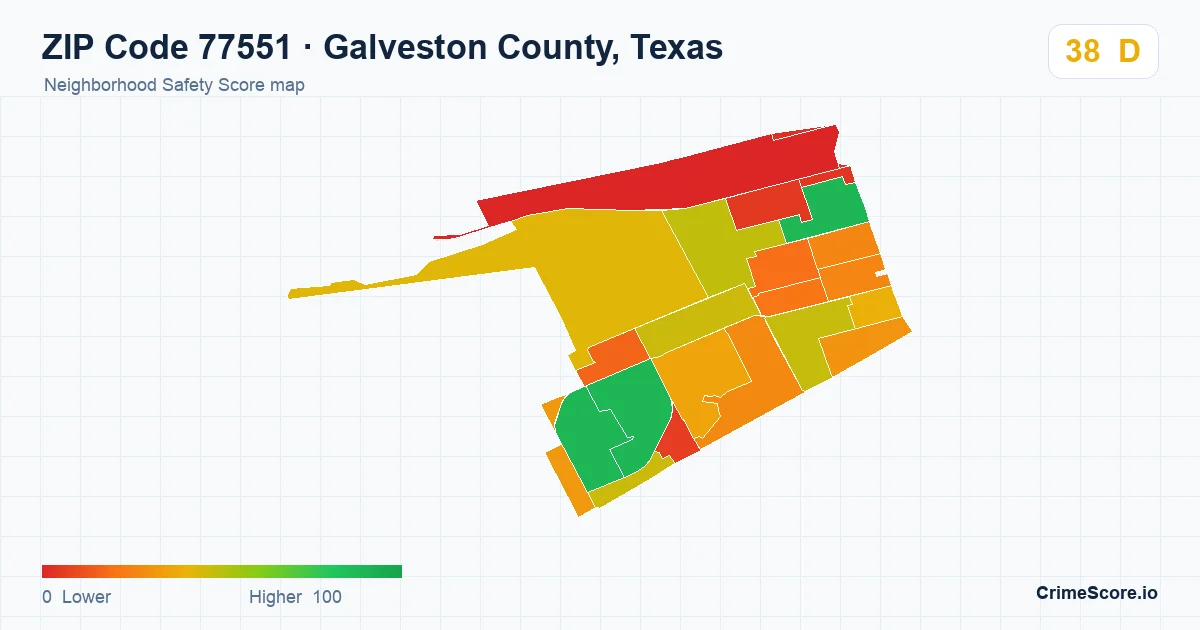 ZIP Code 77551 in Galveston County, Texas neighborhood Safety Score map