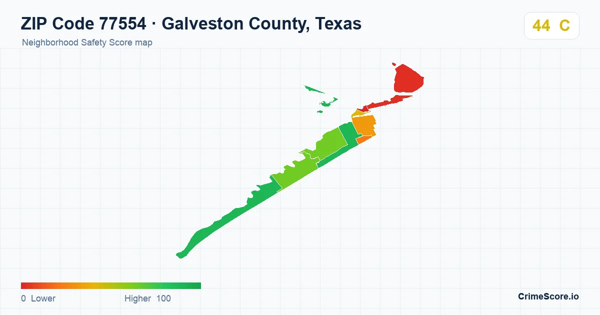ZIP Code 77554 in Galveston County, Texas neighborhood Safety Score map
