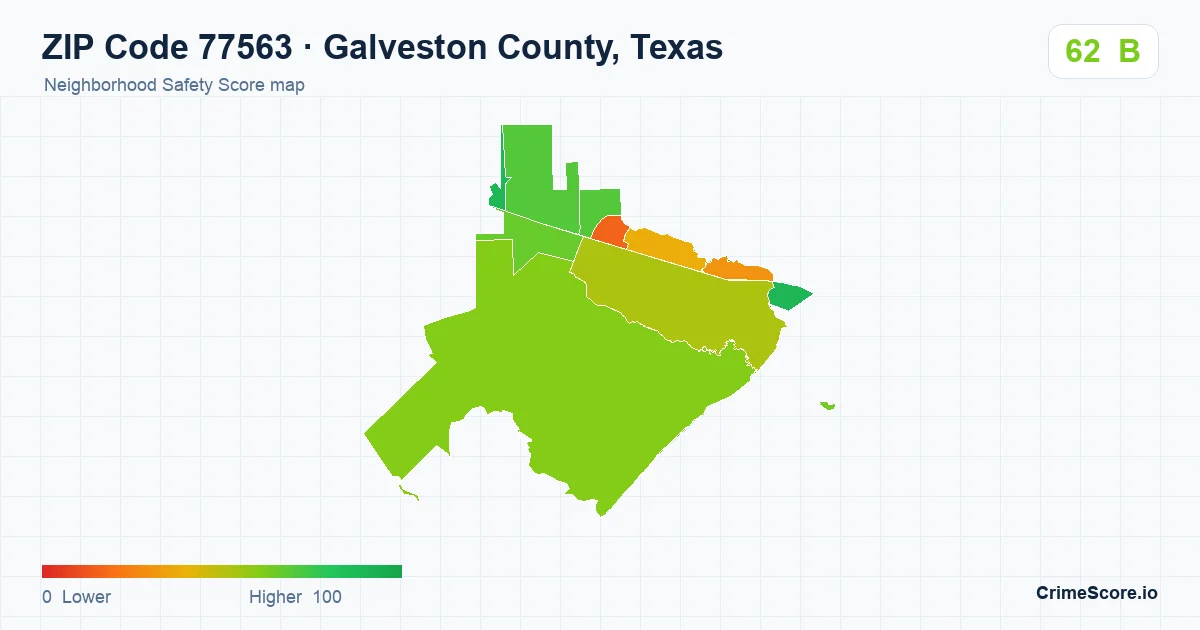 ZIP Code 77563 in Galveston County, Texas neighborhood Safety Score map