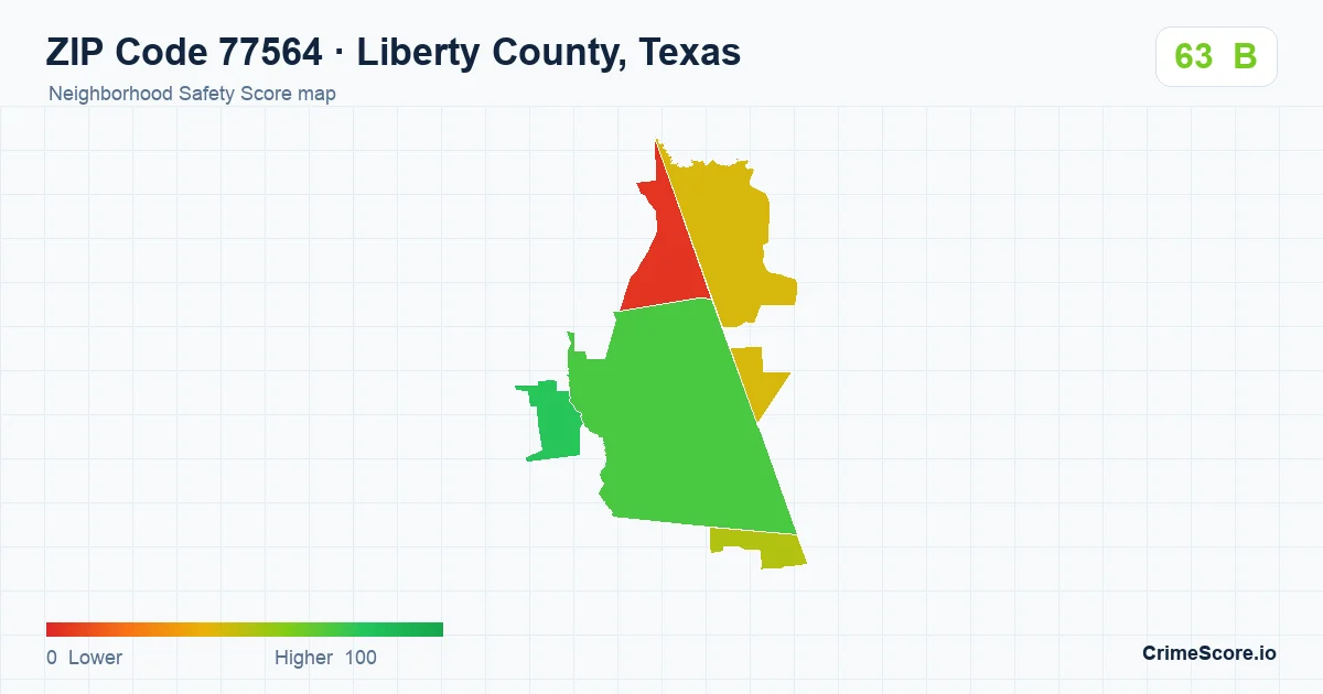 ZIP Code 77564 in Liberty County, Texas neighborhood Safety Score map