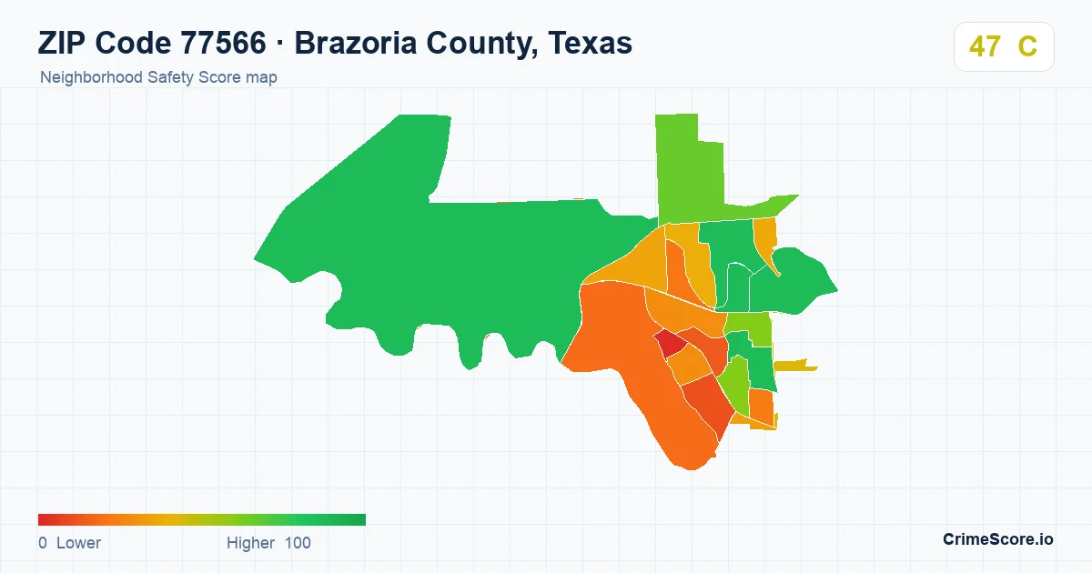 ZIP Code 77566 in Brazoria County, Texas neighborhood Safety Score map