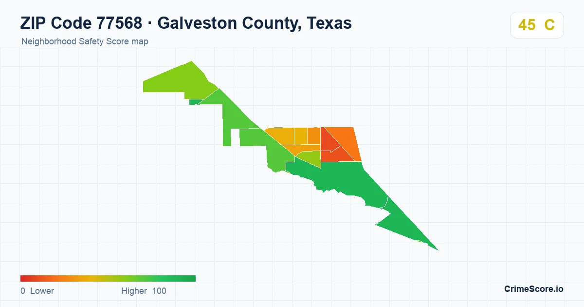 ZIP Code 77568 in Galveston County, Texas neighborhood Safety Score map