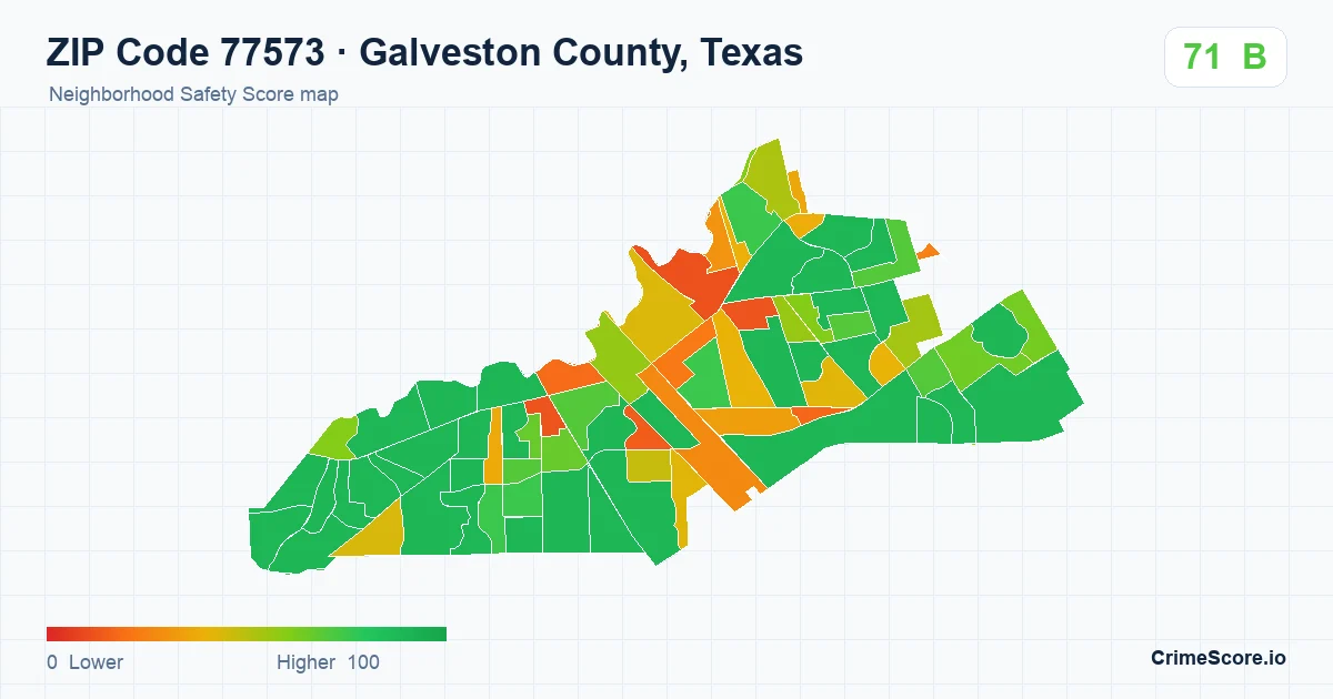 ZIP Code 77573 in Galveston County, Texas neighborhood Safety Score map