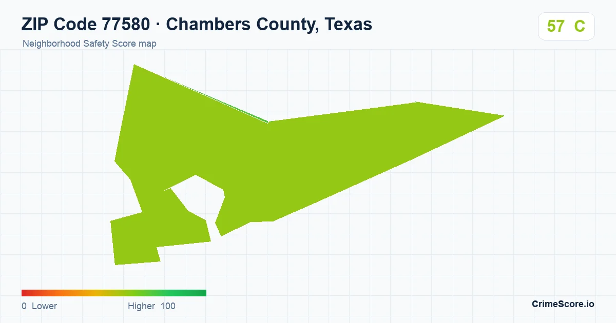 ZIP Code 77580 in Chambers County, Texas neighborhood Safety Score map