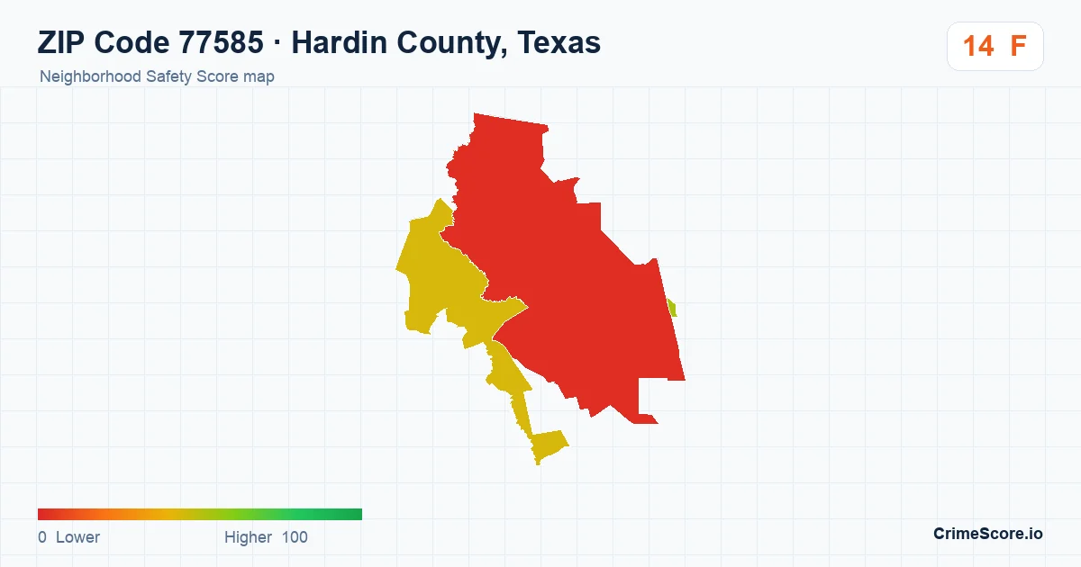 ZIP Code 77585 in Hardin County, Texas neighborhood Safety Score map