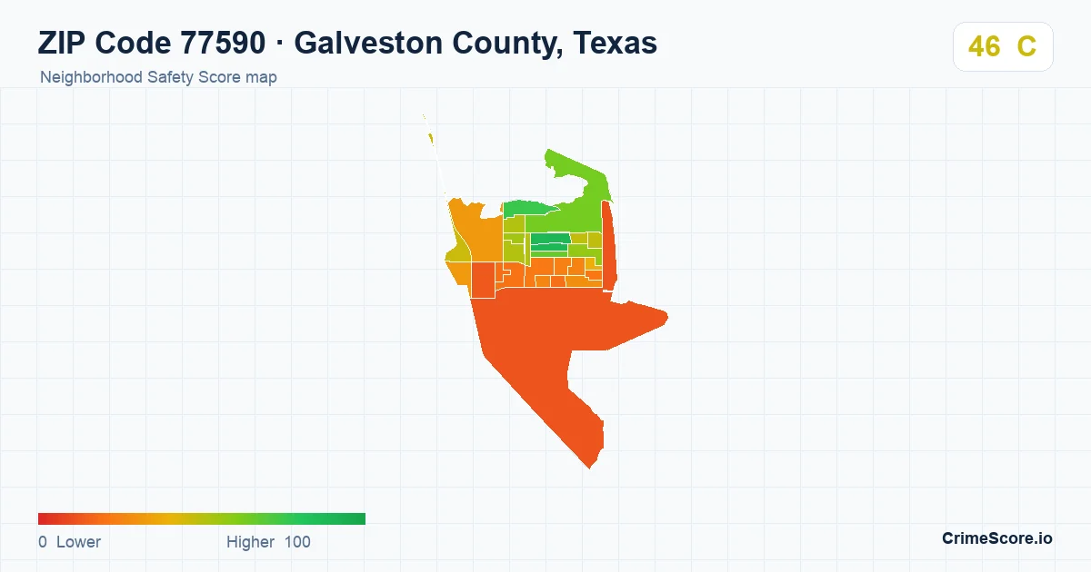 ZIP Code 77590 in Galveston County, Texas neighborhood Safety Score map