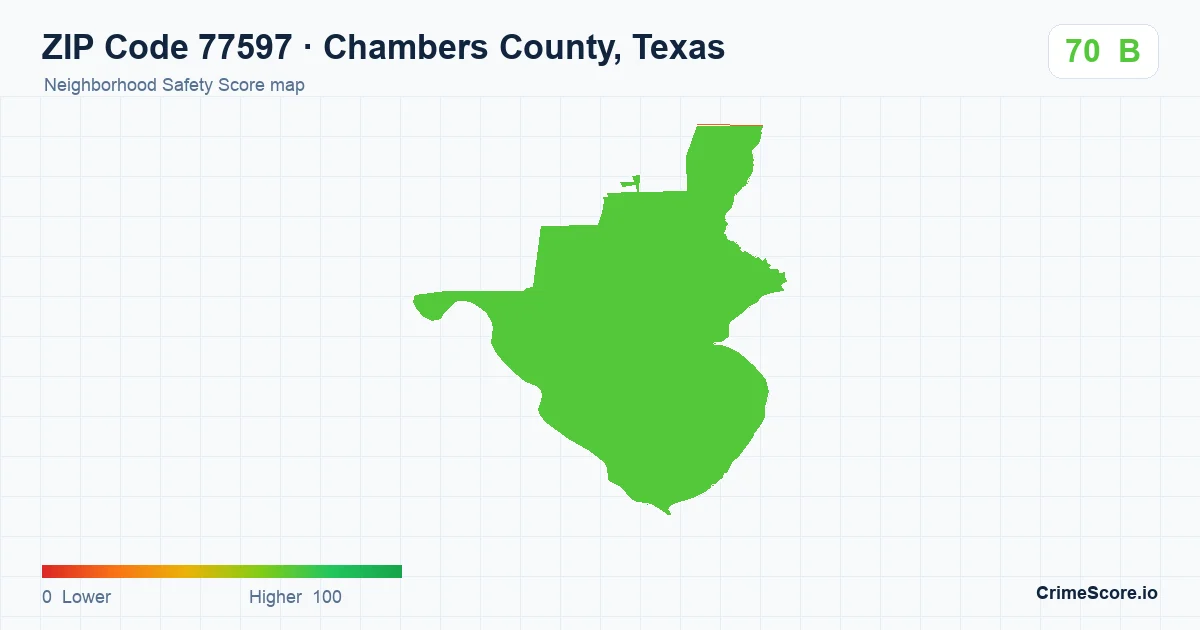 ZIP Code 77597 in Chambers County, Texas neighborhood Safety Score map