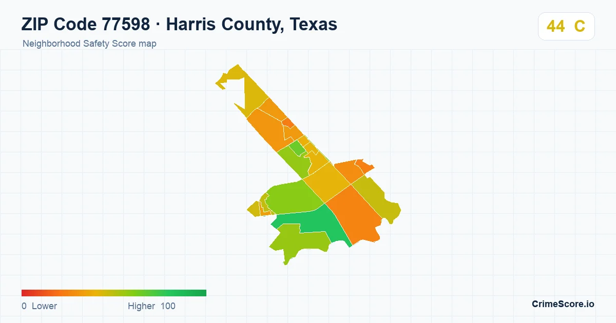 ZIP Code 77598 in Harris County, Texas neighborhood Safety Score map