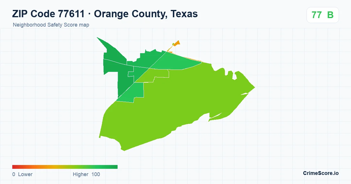 ZIP Code 77611 in Orange County, Texas neighborhood Safety Score map