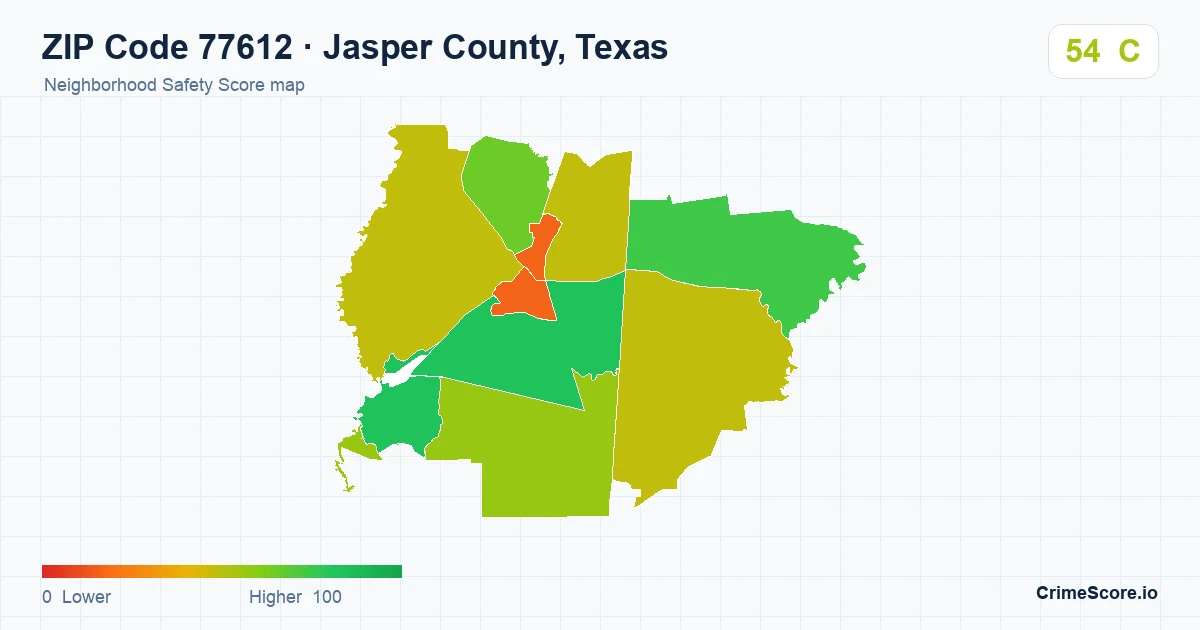 ZIP Code 77612 in Jasper County, Texas neighborhood Safety Score map