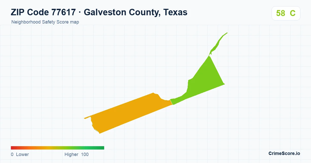 ZIP Code 77617 in Galveston County, Texas neighborhood Safety Score map