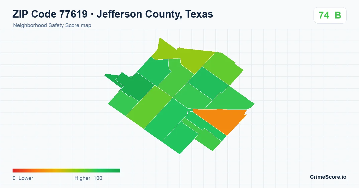 ZIP Code 77619 in Jefferson County, Texas neighborhood Safety Score map