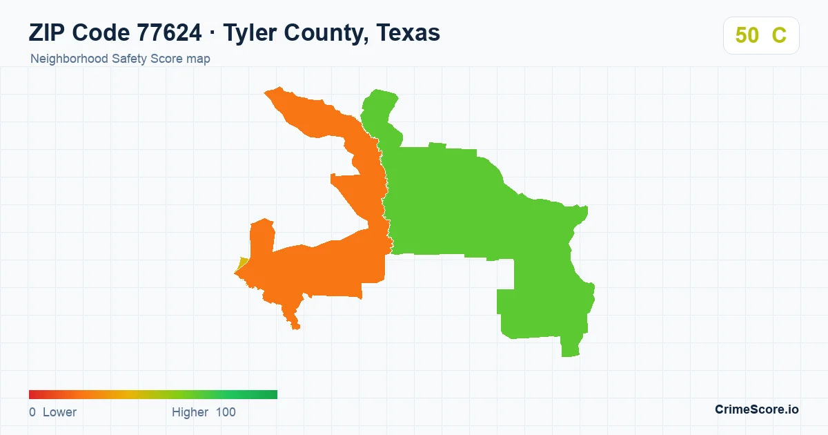 ZIP Code 77624 in Tyler County, Texas neighborhood Safety Score map