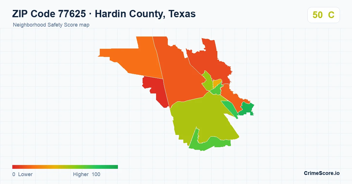ZIP Code 77625 in Hardin County, Texas neighborhood Safety Score map