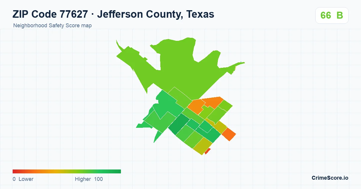 ZIP Code 77627 in Jefferson County, Texas neighborhood Safety Score map