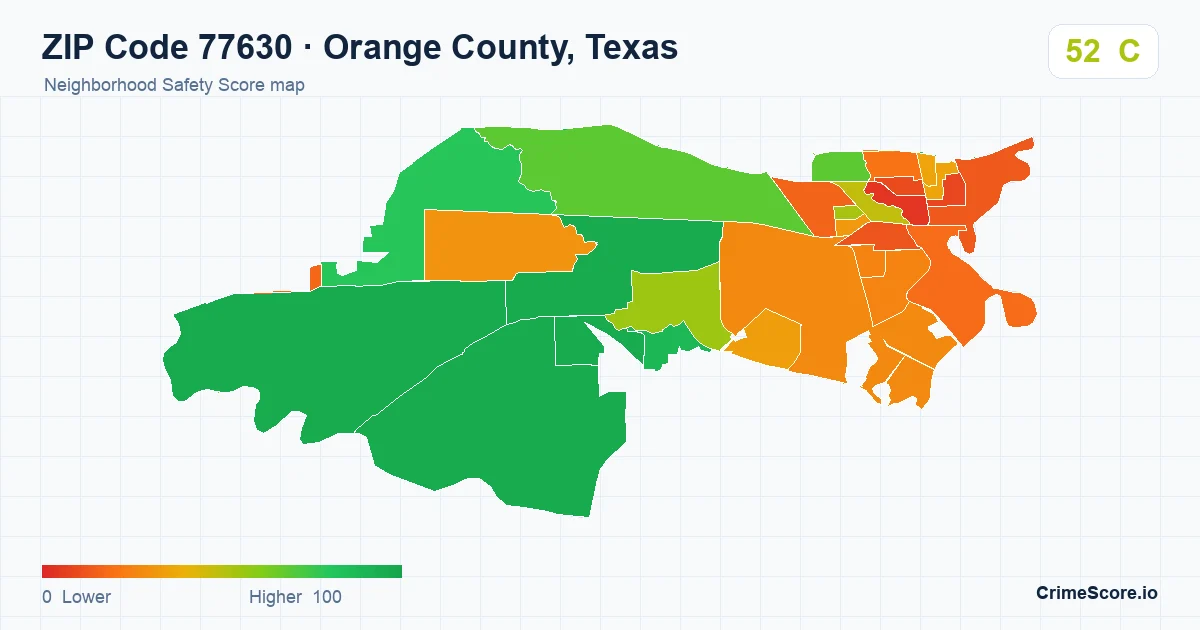 ZIP Code 77630 in Orange County, Texas neighborhood Safety Score map