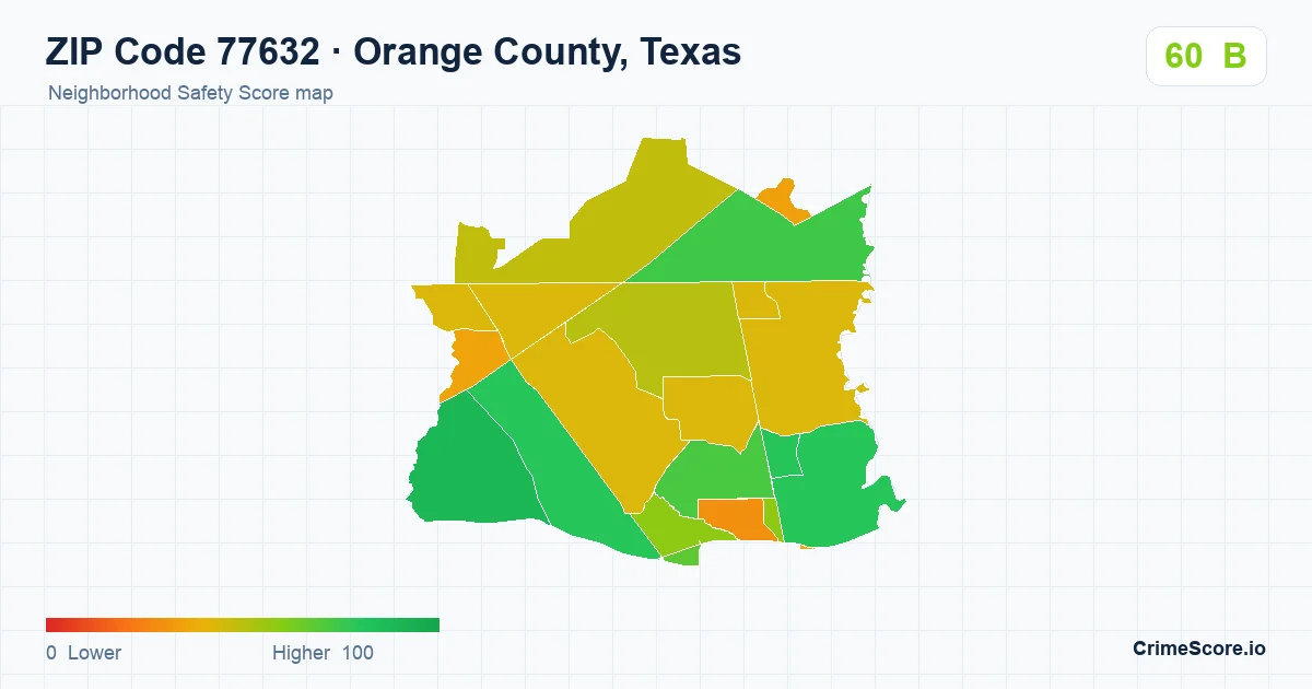 ZIP Code 77632 in Orange County, Texas neighborhood Safety Score map