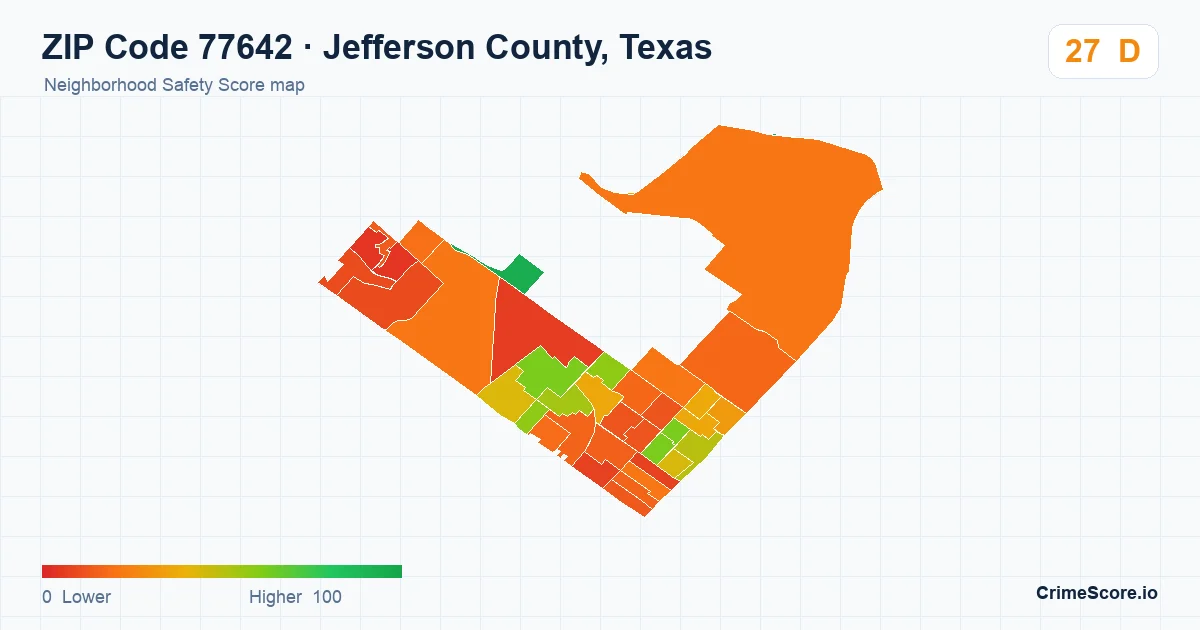 ZIP Code 77642 in Jefferson County, Texas neighborhood Safety Score map