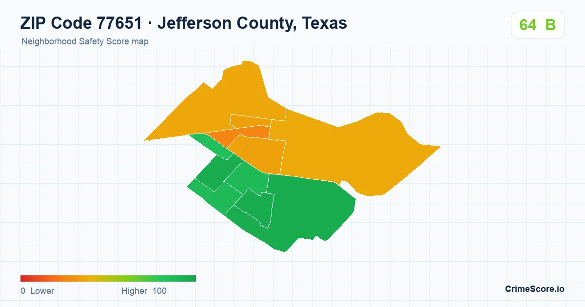 ZIP Code 77651 in Jefferson County, Texas neighborhood Safety Score map