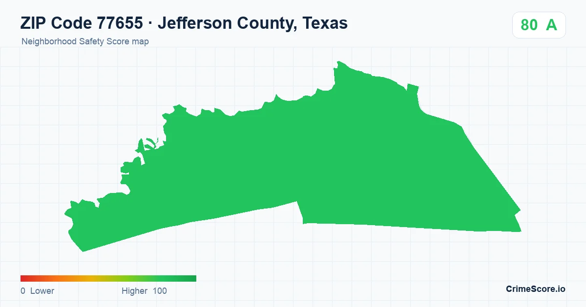 ZIP Code 77655 in Jefferson County, Texas neighborhood Safety Score map