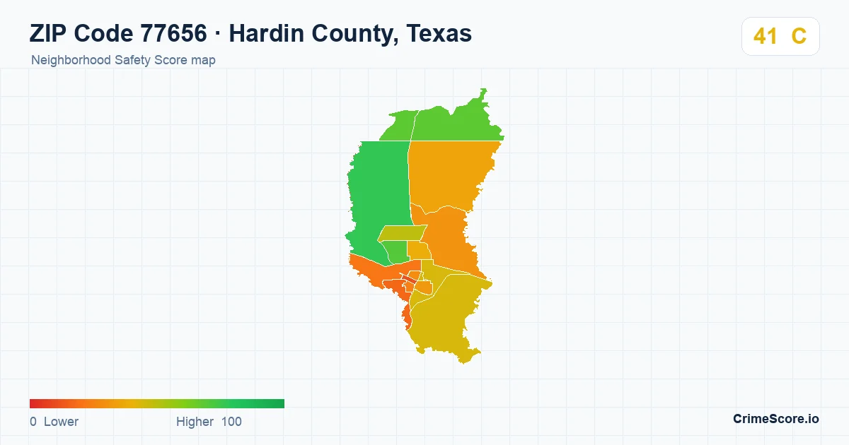 ZIP Code 77656 in Hardin County, Texas neighborhood Safety Score map