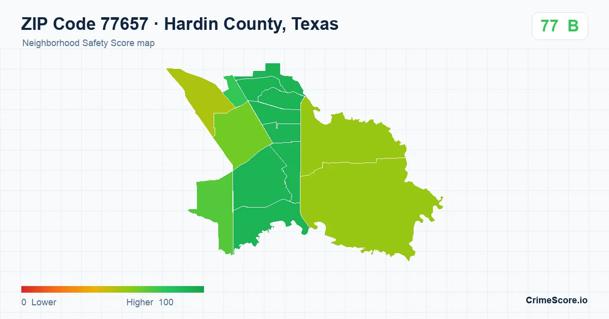 ZIP Code 77657 in Hardin County, Texas neighborhood Safety Score map