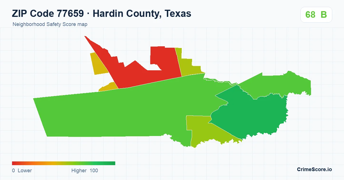 ZIP Code 77659 in Hardin County, Texas neighborhood Safety Score map