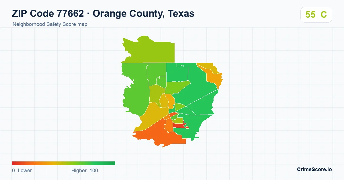 ZIP Code 77662 in Orange County, Texas neighborhood Safety Score map