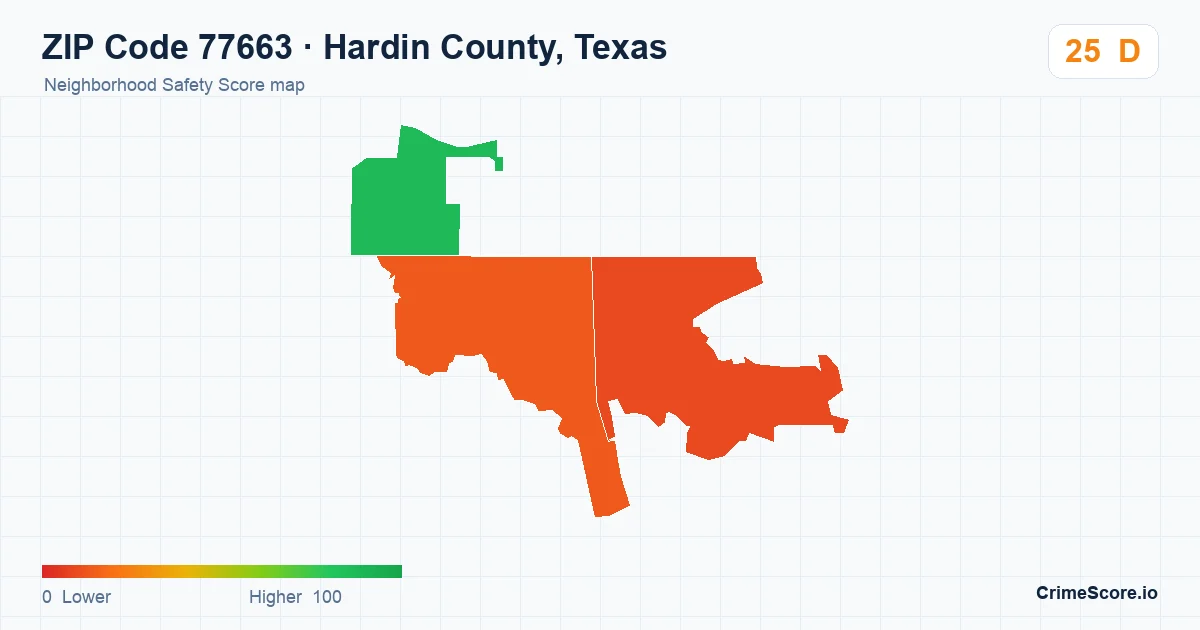 ZIP Code 77663 in Hardin County, Texas neighborhood Safety Score map