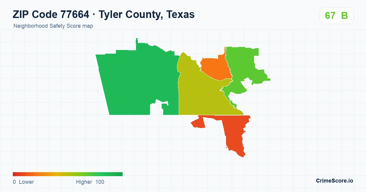 ZIP Code 77664 in Tyler County, Texas neighborhood Safety Score map