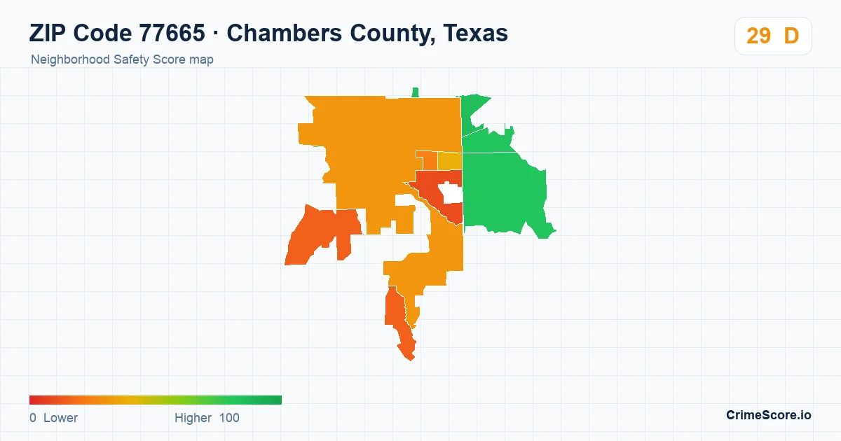 ZIP Code 77665 in Chambers County, Texas neighborhood Safety Score map
