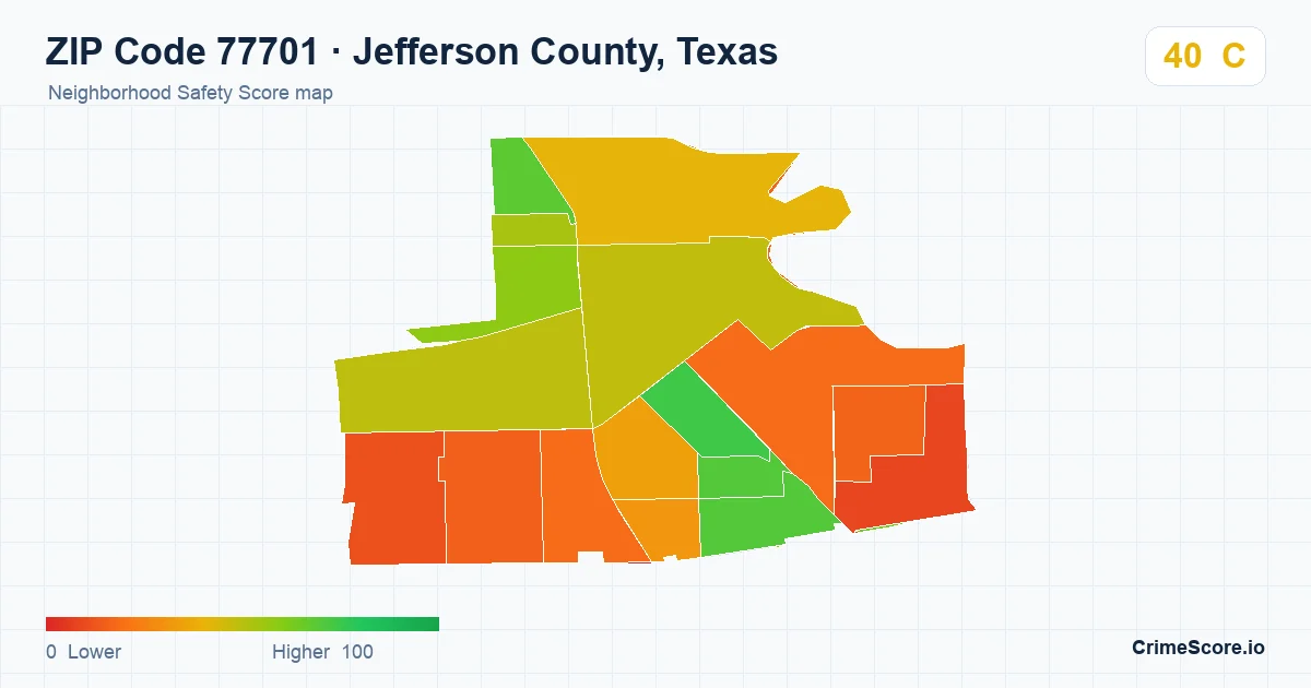 ZIP Code 77701 in Jefferson County, Texas neighborhood Safety Score map