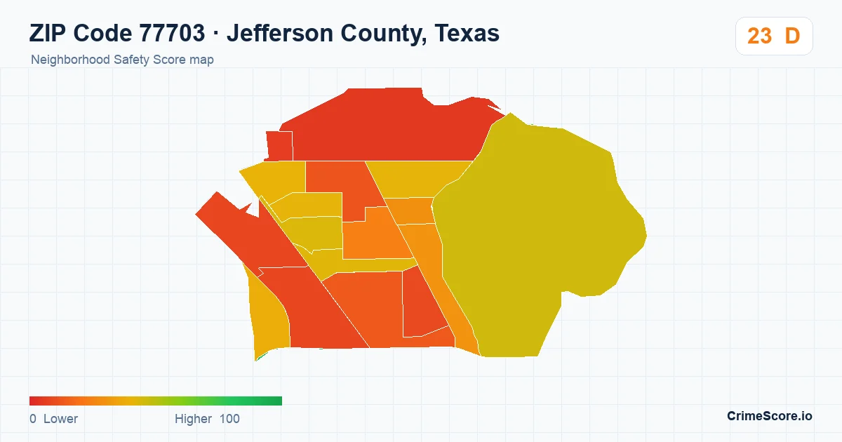 ZIP Code 77703 in Jefferson County, Texas neighborhood Safety Score map