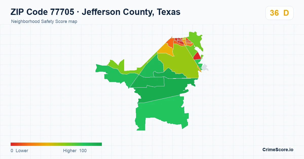 ZIP Code 77705 in Jefferson County, Texas neighborhood Safety Score map