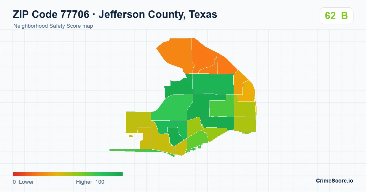 ZIP Code 77706 in Jefferson County, Texas neighborhood Safety Score map