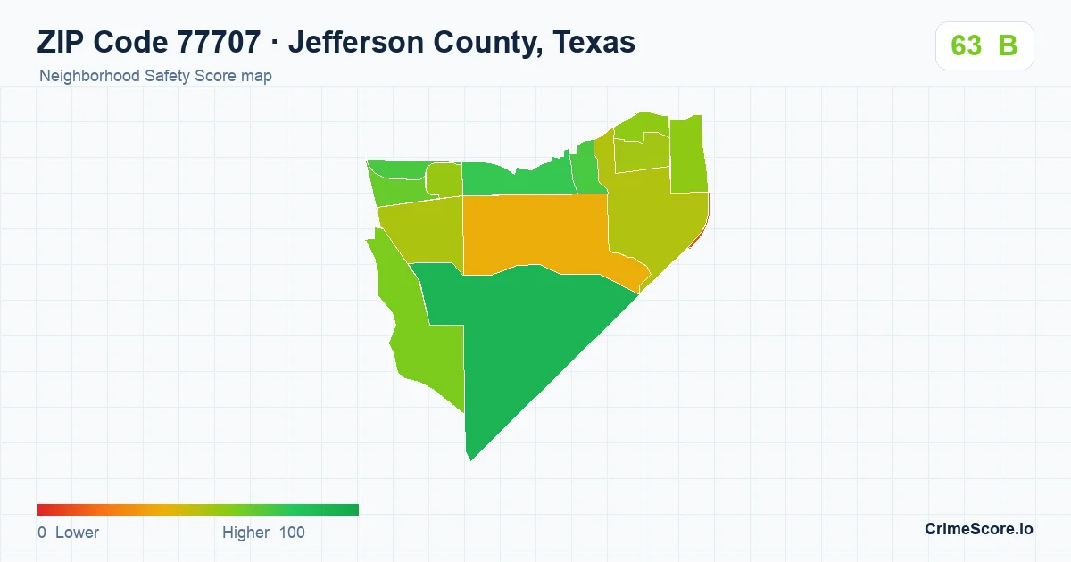 ZIP Code 77707 in Jefferson County, Texas neighborhood Safety Score map