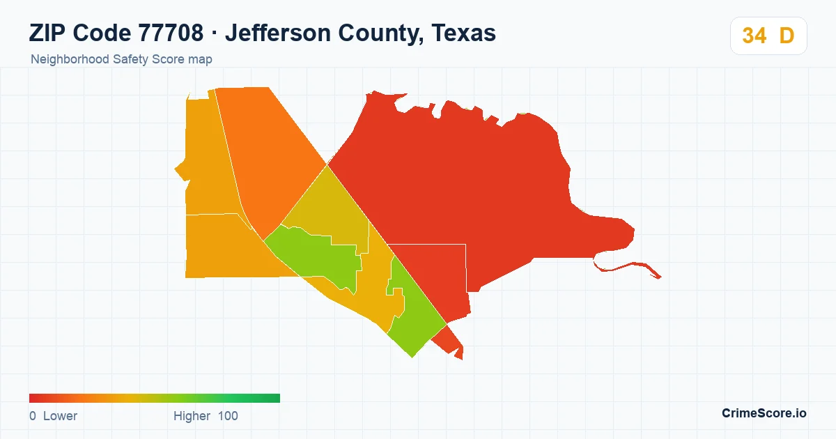 ZIP Code 77708 in Jefferson County, Texas neighborhood Safety Score map