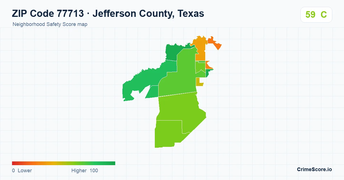 ZIP Code 77713 in Jefferson County, Texas neighborhood Safety Score map