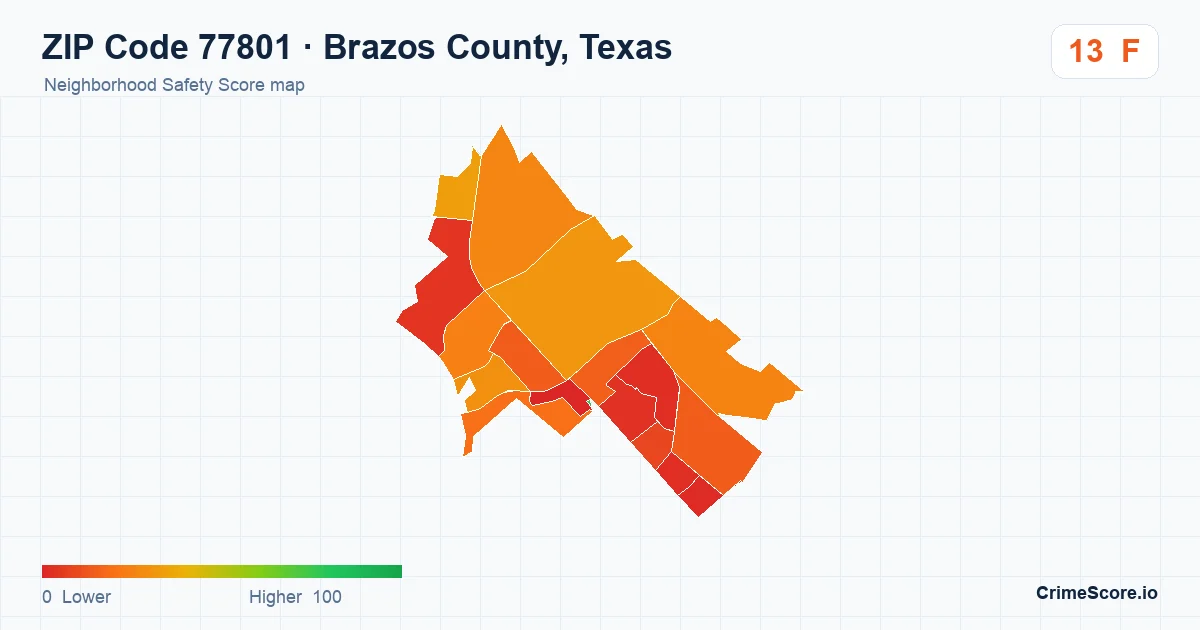 ZIP Code 77801 in Brazos County, Texas neighborhood Safety Score map