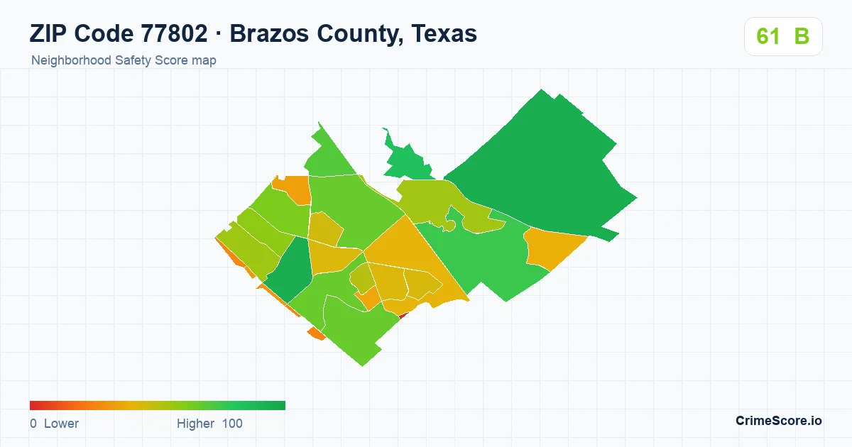 ZIP Code 77802 in Brazos County, Texas neighborhood Safety Score map