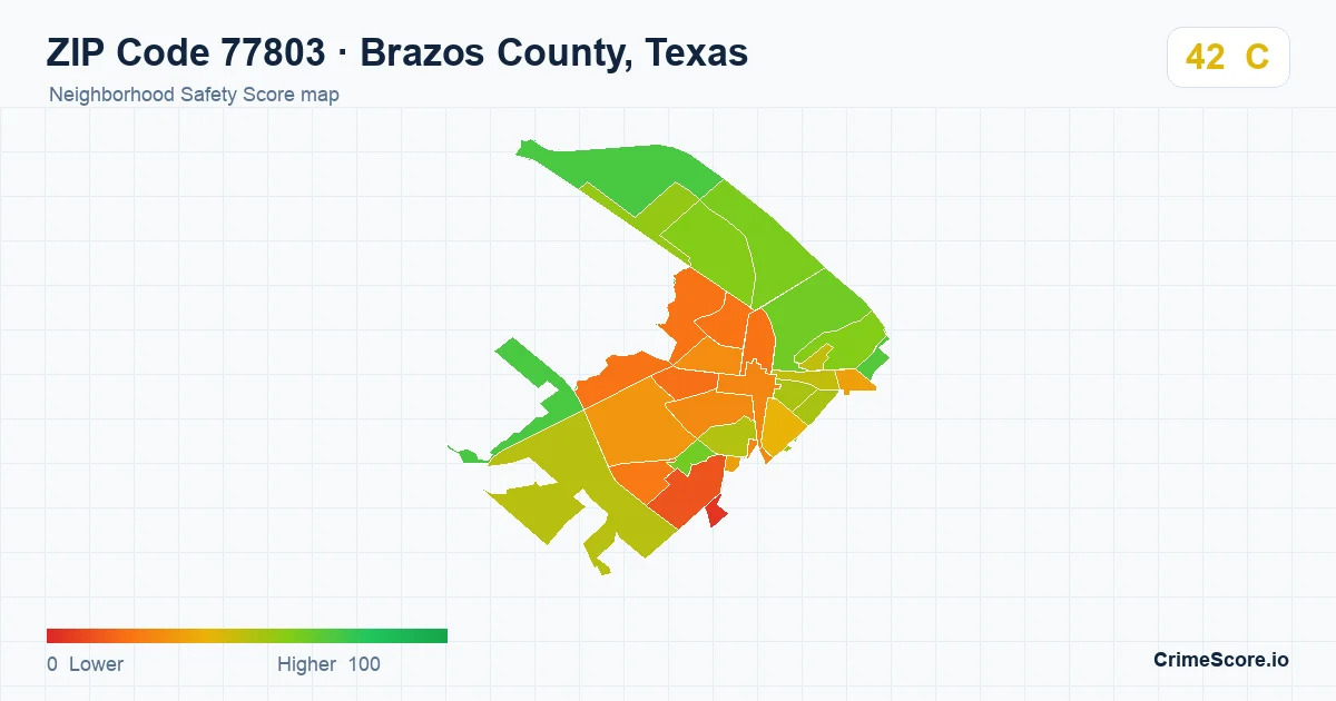 ZIP Code 77803 in Brazos County, Texas neighborhood Safety Score map