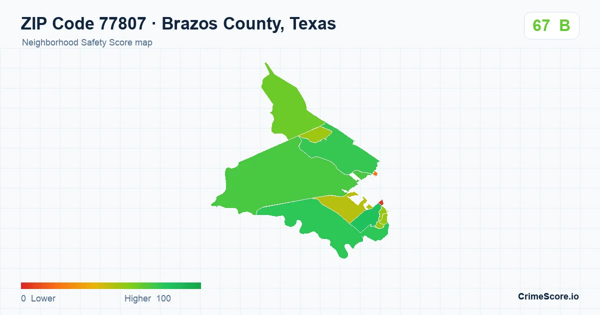 ZIP Code 77807 in Brazos County, Texas neighborhood Safety Score map