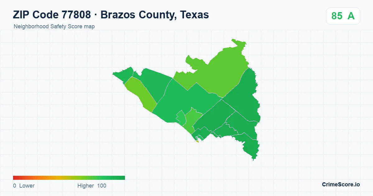 ZIP Code 77808 in Brazos County, Texas neighborhood Safety Score map
